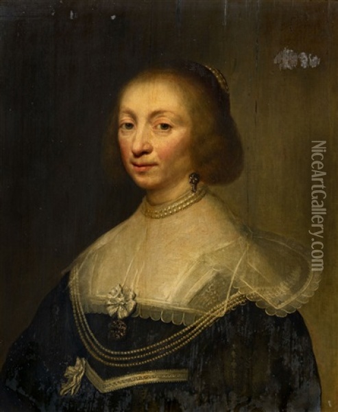 Portrait Of A Lady In A Pearl Necklace Oil Painting - Jan Anthonisz Van Ravesteyn