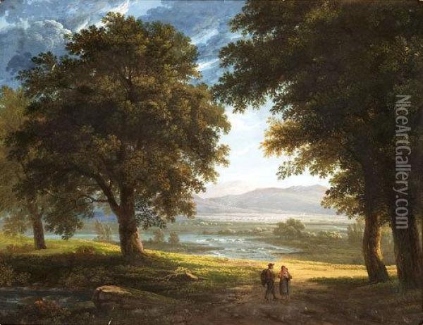 Paesaggio Laziale Con Viandanti E Fiume In Lontananza Oil Painting - Jacob Philipp Hackert
