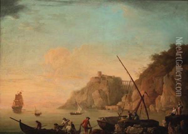 A Mediterranean Coastline With Fisherfolk On The Shore Oil Painting - Claude-joseph Vernet