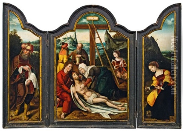 Kreuzabnahme Und Beweinung (triptych; Collab W/ The Master Of The Female Half Lengths) Oil Painting - Pieter Coecke van Aelst the Elder