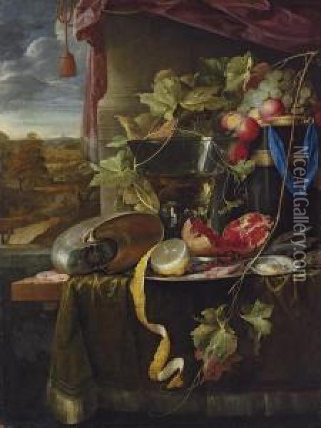 A Conch Shell, A Cut And 
Partly-peeled Lemon On A Silver Platter, A Broken Pomegranate, Shrimps, 
Oysters, A Wine-filled Roemer, Fruit And Other Objects On A 
Partly-draped Wooden Table Before A Draped Window Casement, An Extensive
 Landscape Beyond Oil Painting - Jan Davidsz De Heem