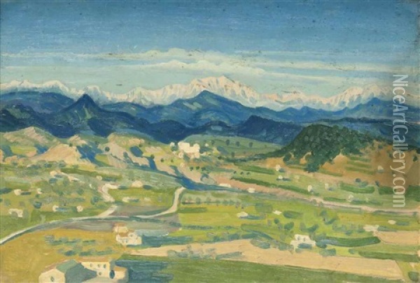 Italian Landscape With The Alps Beyond Oil Painting - Derwent Lees
