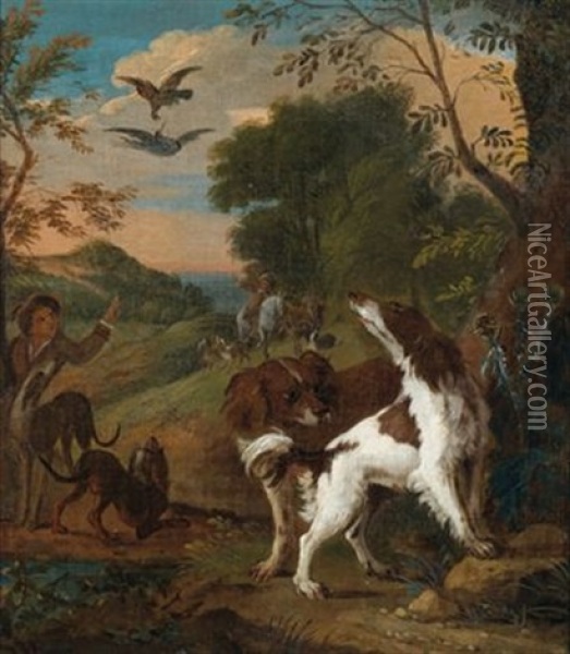 Jagdhunde Nehmen Die Witterung Auf, Im Hintergrund Ein Berittener Jager Oil Painting - Adriaen de Gryef