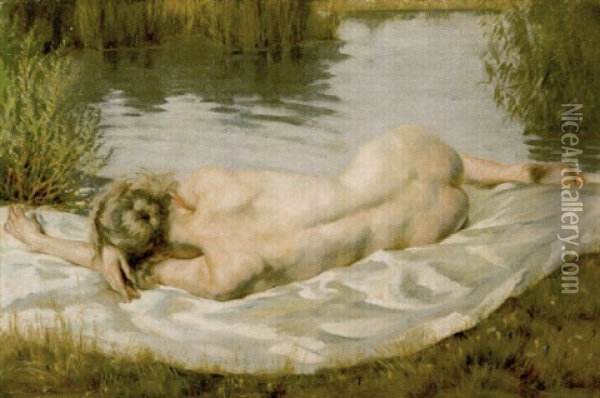Weiblicher Ruckenakt Am Teich Oil Painting - Peter von Hamme-Voitus