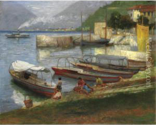 Lavandaie In Riva Al Lago Di Como Oil Painting - Enrico Sorio