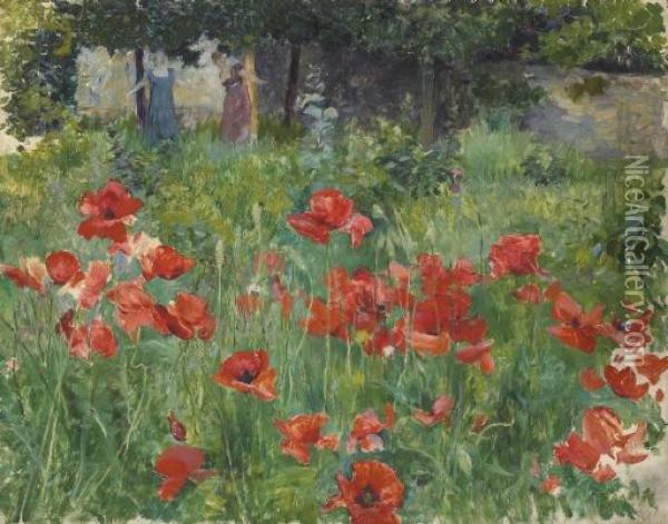 Les Coquelicots, Um 1890 Oil Painting - Ernest Bieler
