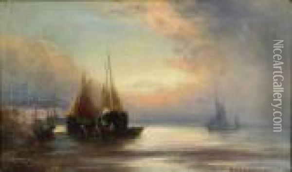 Sunset, Fishing Luggers Ashore Oil Painting - William Langley