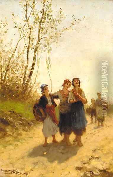 Three young country girls on a road Oil Painting - Luigi Steffani