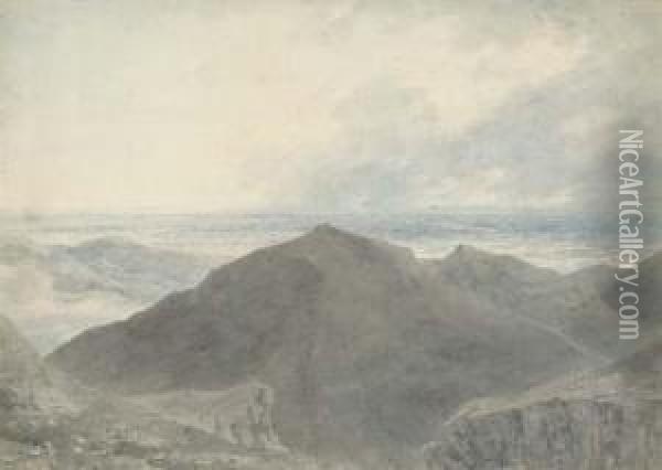 A Figure In An Extensive Mountainous Landscape Oil Painting - John Robert Cozens