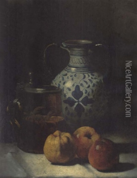 Still Life With Apples, Blue Jug And Silver Topped Mug Oil Painting - Germain Theodore Ribot