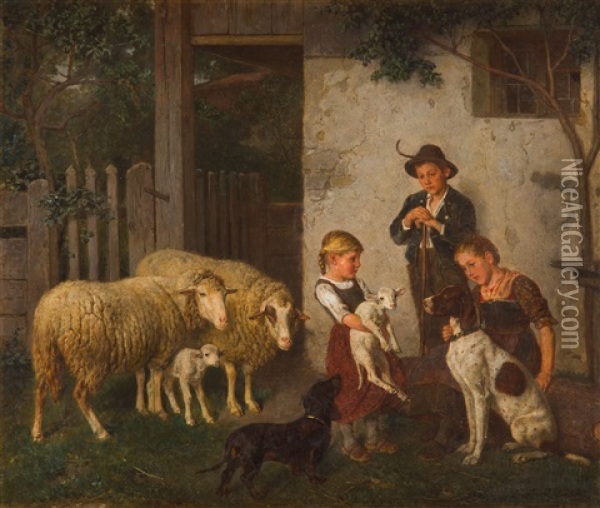Children With Rams And Dogs Oil Painting - Adolf Eberle