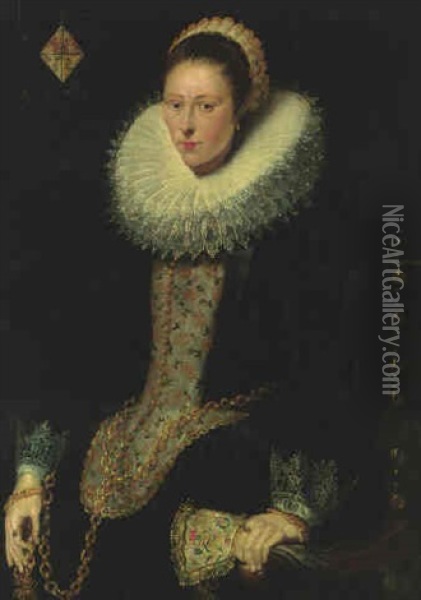 Portrait Of A Lady Of The Pelfrom Family, Three-quarter Length, In A Black Dress, Holding A Chain Oil Painting - Caspar de Crayer