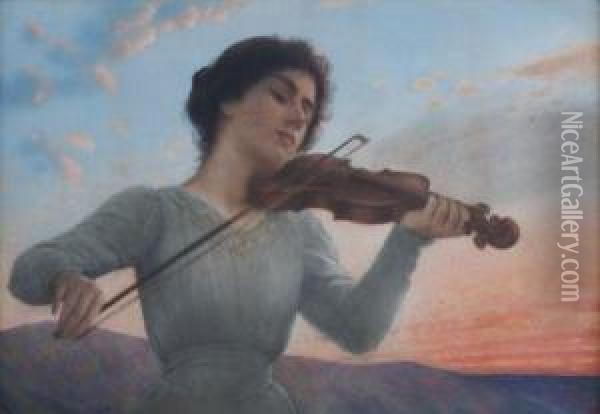 Young Woman Playing A Violin Oil Painting - Alfonso Savini