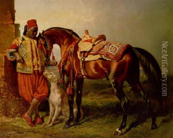An African Groom Holding A Stallion With A Dog Oil Painting - Alfred De Dreux
