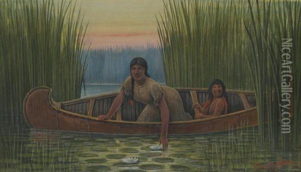 Indian Mother And Child In A Canoe Oil Painting - Cassily Adams