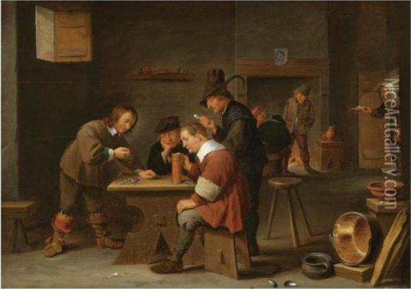 A Tavern Interior With Peasants Drinking, Smoking And Gambling Oil Painting - David The Younger Teniers