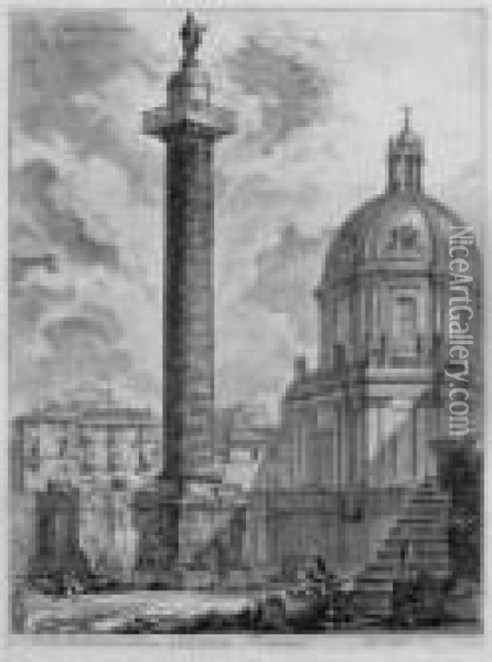 S. Peter's; S. Paolo Fuori Le 
Mura; Substructure Of The Temple Of Claudius; Trajan's Column; And 
Portico Of Octavia Oil Painting - Giovanni Battista Piranesi