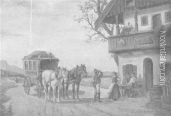Halt Der Postkutsche Vor Einem Bayrischen Bauernhaus Oil Painting - Ludwig Mueller-Cornelius