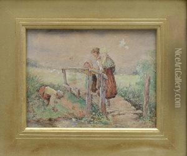 Fishing For Minnows Oil Painting - Myles Birket Foster