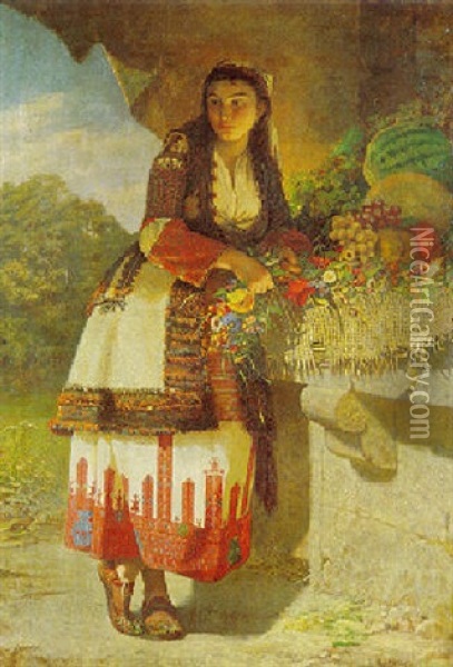 A Turkish Girl With Spring Flowers Oil Painting - Alfons von Cramer