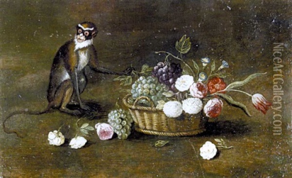 Stilleben Mit Meerkatze Und Blumenkorb Oil Painting - Jan van Kessel the Elder