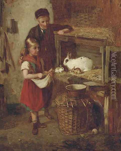 Feeding the rabbits Oil Painting - William Hemsley