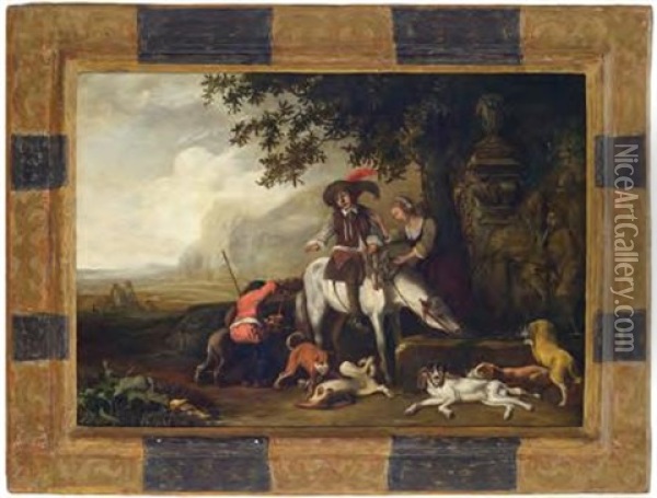 Jager Rasten Mit Ihren Hunden An Einem Brunnen Oil Painting - Abraham Danielsz Hondius