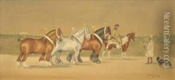 Offto The Show; Home From The Show, Heavy Horses, Their Owner Ridingon A Pony A Pair Oil Painting - Henry William Standing