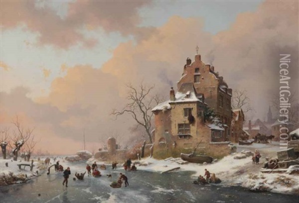 Figures On A Frozen Waterway Enjoying A Wintersday Oil Painting - Frederik Marinus Kruseman