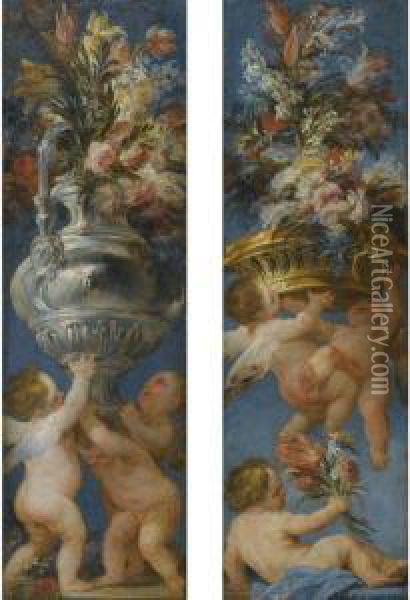 A Pair Of Flower Still Lives With Cavorting Putti Oil Painting - Domenico Antonio Vaccaro