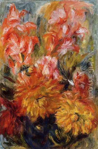 Gladiolas In A Blue Vase Oil Painting - Pierre Auguste Renoir