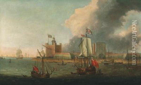 Ships Of The Fleet Off Garrison Point, Sheerness; And Britishmen-o'war Off Dover Oil Painting - Jacob Knyff