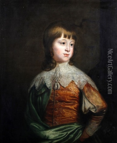 Portrait Of A Young Boy, Wearing A Lace Collar And Green Robe Oil Painting - Thomas Beach