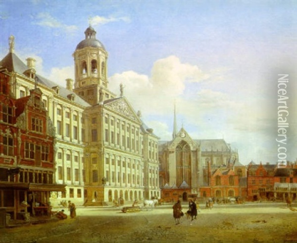 Vue De La Place De L'hotel De Ville A Amsterdam Oil Painting - Jan Van Der Heyden