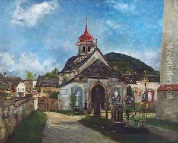 Dorfkirche Mit Kirchhof Und Umliegenden Hausern In Suddeutschland Oil Painting - Otto Struttzel