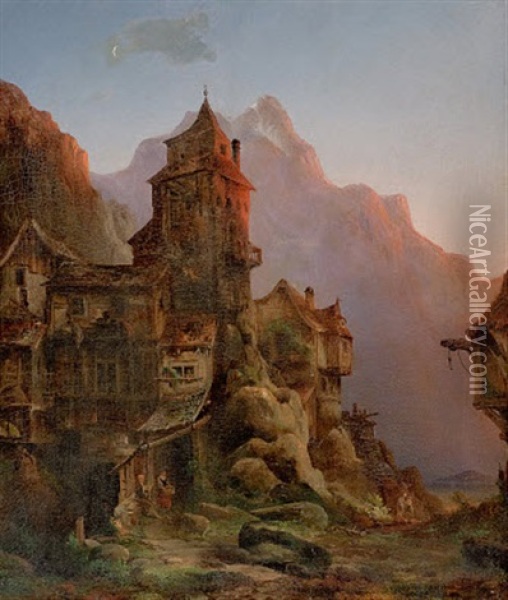 Abendstimmung Beim Alpenschloss Oil Painting - Albert Friedrich Kaselitz