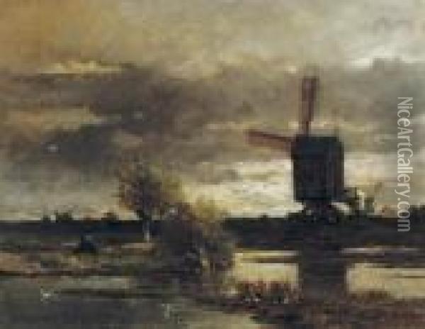 Afternoon Fishing Near A Windmill Oil Painting - Willem Roelofs
