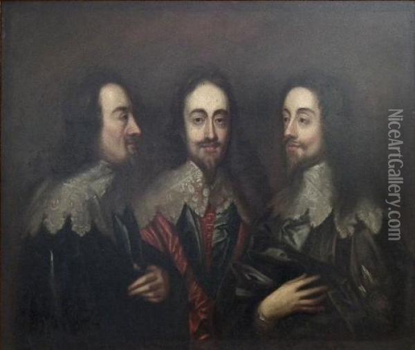 Triple Shoulder Length Portrait Of Charles I In Differing Poses Oil Painting - Sir Anthony Van Dyck