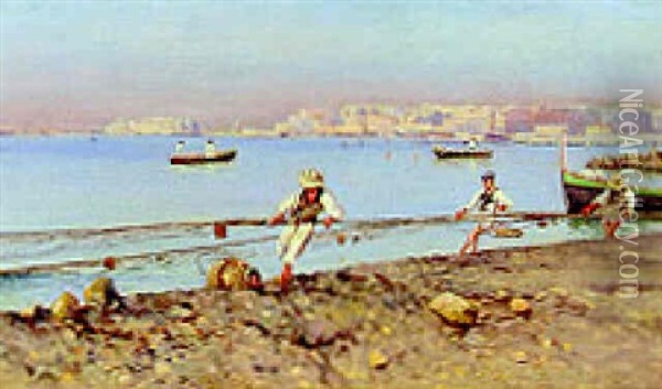 Fishermen Pulling In A Net On The Neapolitan Coast Oil Painting - Holger Hvitfeldt Jerichau