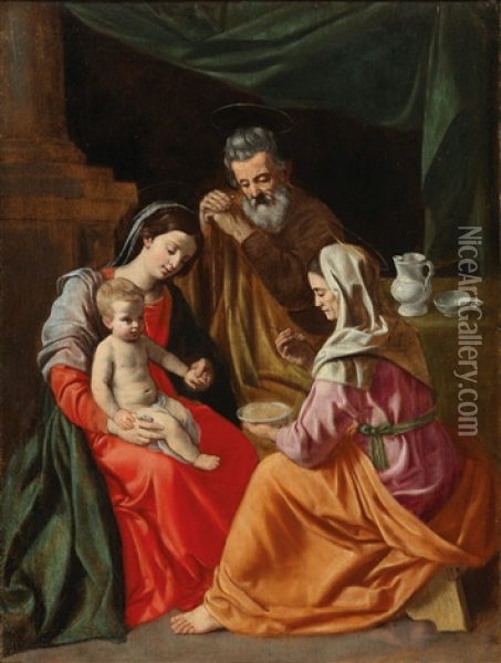 The Holy Family With Saint Anne (collab W/workshop) Oil Painting - Simone Cantarini
