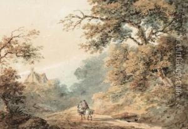 A Figure Riding A Mule, On A Woodland Path Oil Painting - William Henry Pyne