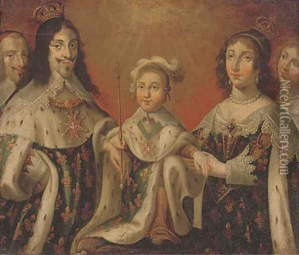 Group portrait of Louis XIII, Anne of Austria, and their son Louis XIV, flanked by Cardinal Richelieu and the Duchesse de Chevreuse Oil Painting - Philippe de Champaigne