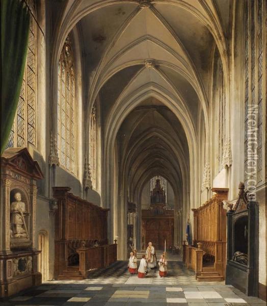 Interno Di Chiesa Con Figure Oil Painting - Henri Lallemand