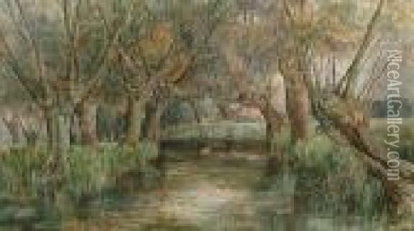 A Tree-lined River Bank Oil Painting - William Augustus Rixon