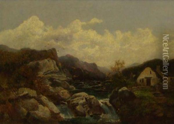 Mountain River Landscape With Angler Oil Painting - Joseph Horlor