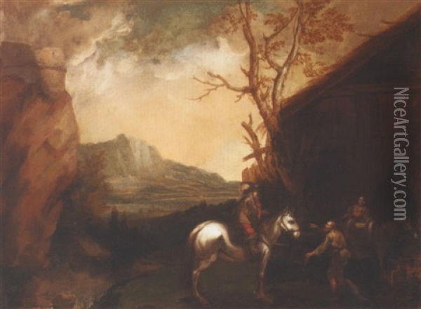 Mountainous Landscape With A Rider And Figures Conversing Before A Barn Oil Painting - Francesco (Cecco Bravo) Montelatici