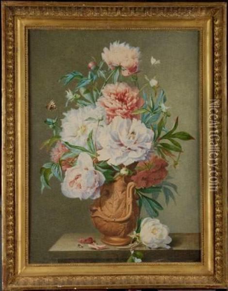 Bouquet De Fleurs Aux Papillons Et Abeilles, Dans Un Vase En Terre Cuite. Oil Painting - Pierre Joseph Guerou