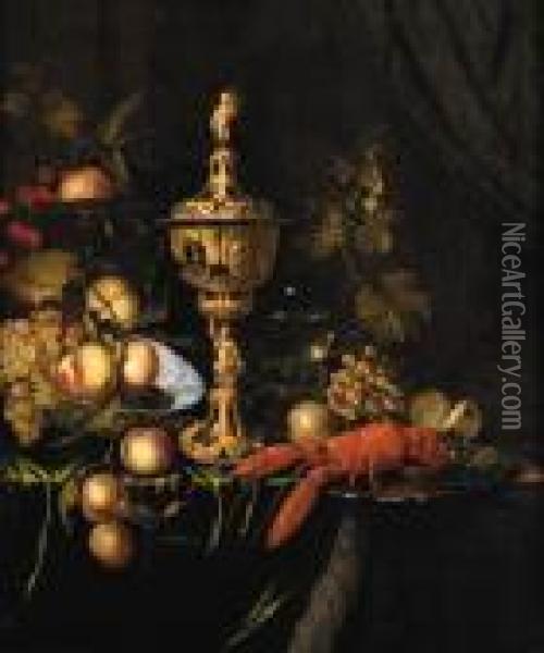 A Lobster On A Silver Dish, An 
Ornamental Gold Cup And Cover,peaches, Grapes And Plums In A Porcelain 
Bowl, Cherries And Orangeson A Silver Tazza, A Partly Peeled Lemon And A
 Roemer On A Partlydraped Ledge Oil Painting - Pieter Nason