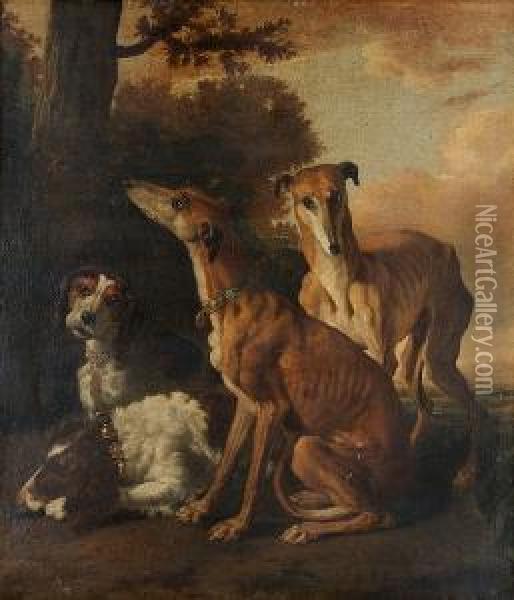 Two Greyhounds With A Setter And A Hound In A Landscape Oil Painting - Abraham Hondius