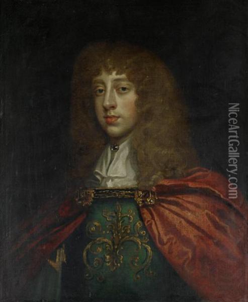 Portrait Of A Gentleman, Bust-length, In An Embroidered Costume And A Red Mantle Oil Painting - Sir Godfrey Kneller